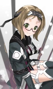 1girl akihara_sekka birrrrrrri18 black_gloves black_headband black_thighhighs blurry blush breasts brown_hair closed_mouth commentary_request elbow_gloves glasses gloves green_eyes grey_background headband highres japanese_clothes looking_at_viewer semi-rimless_eyewear short_hair short_sleeves sitting smile solo thigh_strap thighhighs under-rim_eyewear weapon yuuki_yuuna_wa_yuusha_de_aru yuuki_yuuna_wa_yuusha_de_aru:_hanayui_no_kirameki yuusha_de_aru