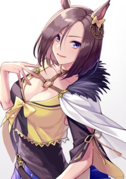 Rule 34 | 1girl, air groove (empress road) (umamusume), air groove (umamusume), akatsuki (kuon), animal ears, belt, blue eyes, blue skirt, blush, bow, breasts, brown hair, cape, choker, cleavage, closed mouth, collarbone, commentary request, ear bow, feathers, hair between eyes, horse ears, horse girl, large breasts, looking at viewer, o-ring, sailor collar, shirt, short hair, simple background, skirt, smile, solo, umamusume, white background, white cape, yellow bow, yellow sailor collar