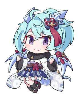 Rule 34 | 1girl, ahoge, black bow, blue hair, blue skirt, blush, bow, brown sandals, chibi, chibi only, closed mouth, commentary, crossed bangs, full body, fur-trimmed sleeves, fur collar, fur trim, hair between eyes, hair bow, hands up, japanese clothes, kimono, long hair, long sleeves, niwa so ji, okobo, platform sandals, pleated skirt, ponytail, princess connect!, sandals, sheffy (princess connect!), simple background, skirt, smile, socks, solo, tabi, white background, white kimono, white socks, wide sleeves