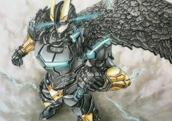 1boy all_might armor blue_eyes boku_no_hero_academia clenched_hand eye_trail glowing glowing_eyes highres katsu_(24791909) light_trail male_focus marker_(medium) mecha power_armor robot smile solo traditional_media weapon yagi_toshinori