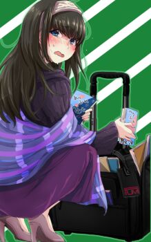 Rule 34 | 10s, 1girl, 71 (nanaichi drafting), black hair, blue eyes, blush, book, breasts, female focus, hairband, idolmaster, idolmaster cinderella girls, long hair, luggage, no legwear, open mouth, sagisawa fumika, shawl, solo, wavy mouth