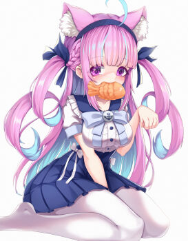 Rule 34 | 1girl, absurdres, ahoge, anchor symbol, animal ears, blue hairband, blue sailor collar, blunt bangs, blush, bow, breasts, cat ears, colored inner hair, fish in mouth, frilled sailor collar, frills, fuyu no usagi, hairband, high-waist skirt, highres, hololive, kneeling, long hair, looking at viewer, minato aqua, minato aqua (sailor), multicolored hair, no shoes, nyan, official alternate costume, pantyhose, pink hair, purple eyes, sailor collar, school uniform, skirt, soles, solo, twintails, two-tone hair, virtual youtuber, white background, white pantyhose