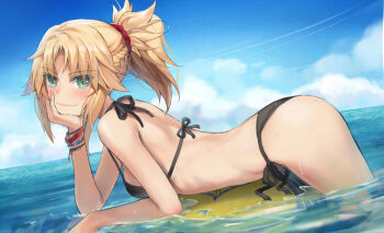 1girl bare_shoulders bikini black_bikini blonde_hair blue_sky blush bracelet braid breasts fate/grand_order fate_(series) green_eyes half_up_braid halterneck highres jewelry long_hair looking_at_viewer lying mordred_(fate) mordred_(swimsuit_rider)_(fate) ocean on_stomach parted_bangs ponytail prydwen_(fate) side-tie_bikini_bottom sidelocks sky small_breasts smile solo strap_gap string_bikini surfboard swimsuit tonee variant_set