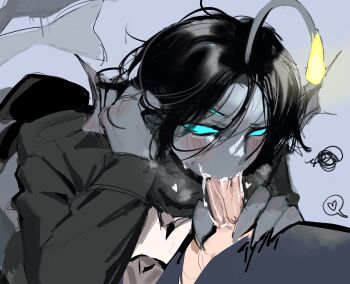 2boys absurdres accessories adjusting_hair anglerfish anglerfish_boy ascot black_hair black_jacket black_scarf blue_background blue_scales blue_sclera blue_shirt blue_skin blush cetacean_tail colored_sclera colored_skin cum cum_in_mouth extra_eyes fellatio fins fish fish_tail head_fins heart heavy_breathing highres irrumatio jacket long_sleeves merfolk merman monster_boy multiple_boys open_clothes open_jacket oral parted_bangs penis pressure_(roblox) roblox scarf scribble sea_snake sebastian_solace shirt short_hair simple_background spoken_heart tail tail_wagging third_eye veins veiny_penis white_ascot white_shirt white_undershirt yaoi