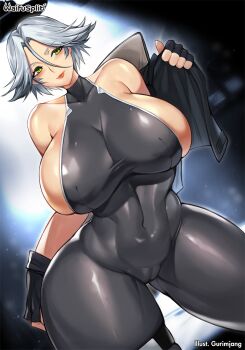 1girl artist_name bare_shoulders bodysuit breasts cameltoe fingerless_gloves freckles gigantic_breasts gloves green_eyes grey_hair gurimjang hand_on_own_hip huge_breasts latex lips miss_hazard sideboob smile teasing undressing waifusplit