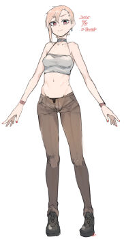 1girl boots bracelet groin highres jewelry midriff navel open_fly pants sigama simple_background tagme white_background