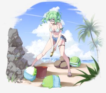 Rule 34 | 1girl, absurdres, beach, bikini, border, chico (yuzuha riko), closed mouth, commentary request, creature, cutoffs, denim, denim shorts, front-tie bikini top, front-tie top, full body, goggles, green hair, highres, holding, holding water gun, korean commentary, legs apart, medium hair, moon (restire), navel, open fly, outdoors, palm tree, sandals, short shorts, shorts, smile, standing, stellive, stomach, string bikini, swimsuit, thigh strap, tree, twintails, virtual youtuber, water fight, water gun, white bikini, white border, yuzuha riko