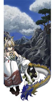 1girl absurdres arknights bare_shoulders blonde_hair blue_eyes blue_hair blue_sky boots border brown_boots brown_shoes cloud collarbone colored_extremities colored_skin commentary_request day dragon_girl dragon_horns earrings eyeliner frown full_body grey_hair hair_intakes hair_ornament hair_stick highres holding horns jacket jewelry long_sleeves makeup mooswig mountain multicolored_hair off_shoulder orange_eyeliner outdoors outside_border pants pointy_ears red_pupils shirt shoes shu_(arknights) sky solo stick strapless strapless_shirt tassel tassel_earrings tree tube_top white_border white_jacket white_pants white_tube_top yellow_skin