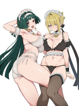 2girls absurdres armpits ass astra_yao between_legs black_panties blonde_hair breasts closed_mouth commentary evelyn_chevalier green_hair hairband highres large_breasts long_hair looking_at_viewer maid_headdress multiple_girls navel open_mouth panties purple_eyes red_eyes simple_background stomach sweat underwear white_background white_hairband white_panties yuri zenless_zone_zero ziko