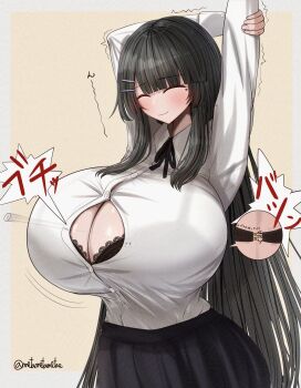1girl arm_up black_bra blunt_bangs blush border bra bra_strap bra_visible_through_clothes breasts brown_background button_gap cleavage closed_eyes closed_mouth collared_shirt flying_button grey_border hair_ornament hairclip highres huge_breasts long_hair metae original popped_button shirt shirt_tucked_in sidelocks smile solo stretching twitter_username underwear very_long_hair wardrobe_malfunction white_shirt