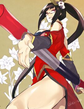 1girl arc_system_works bare_shoulders black_bra black_hair blazblue blazblue:_central_fiction bo_staff bra breasts china_dress chinese_clothes cleavage_cutout clothing_cutout dress floral_background glasses hair_ornament holding holding_behind_back holding_polearm holding_polearm_behind_back holding_weapon holding_weapon_behind_back hyakuhachi_(over3) large_breasts litchi_faye_ling long_hair panda_hair_ornament polearm ponytail purple_eyes red_dress smile solo thighs underwear weapon