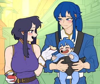 1boy 2girls apple apple_slice baby baby_carrier black_hair blue_hair carrying carrying_baby carrying_person commission commissioner_upload father_and_daughter fire_emblem fire_emblem:_genealogy_of_the_holy_war food fruit highres holding holding_food holding_fruit if_they_mated larcei_(fire_emblem) loopvoid missing_tooth mother_and_daughter multiple_girls nintendo onesie open_mouth ponytail purple_tunic seliph_(fire_emblem) sidelocks smile town tunic