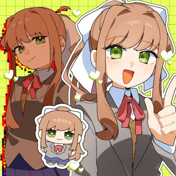 Rule 34 | 0tamt0, 1girl, ahoge, blazer, blue skirt, bright pupils, brown hair, chibi, chibi inset, closed mouth, collared shirt, commentary request, detached ahoge, doki doki literature club, doki doki literature club school uniform, eyelashes, glitch, green background, green eyes, grey jacket, grid background, hair intakes, hair ribbon, heart, highres, index finger raised, jacket, long hair, long sleeves, monika (doki doki literature club), multiple views, neck ribbon, open mouth, outline, red ribbon, ribbon, school uniform, shirt, sidelocks, skirt, smile, split mouth, sweater vest, white outline, white pupils, white ribbon, white shirt