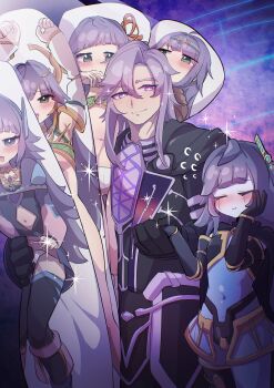 1boy 1girl absurdres android blush c_civciv closed_eyes crowned_by_the_world_chalice duel_monster enlilgirsu_the_orcust_mekk-knight galatea_the_orcust_automaton highres holding holding_pillow ib_(yu-gi-oh!) ib_the_world_chalice_justiciar ib_the_world_chalice_priestess lib_the_world_key_blademaster pillow purple_hair robot_girl short_hair yu-gi-oh!
