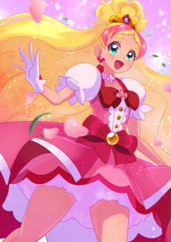 1girl blonde_hair collarbone commentary_request cowboy_shot cure_flora dress gloves go!_princess_precure green_eyes long_hair looking_at_viewer magical_girl omega_takai open_mouth pink_dress ponytail precure puffy_short_sleeves puffy_sleeves purple_background short_sleeves solo very_long_hair white_gloves