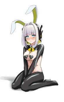1girl :< absurdres animal_ear_hairband animal_ears aqua_eyes between_legs black_hiphighs black_shoes black_shrug blonde_hair blunt_bangs blush bow bowtie breasts closed_mouth collar collared_shrug colored_inner_hair commentary eru_nabura fake_animal_ears frontless_outfit frown full_body hair_intakes hairband hand_between_own_legs headgear headphones heart_pasties high_heels highres hiphighs indie_virtual_youtuber latex latex_hiphighs latex_shrug long_hair long_sleeves looking_at_viewer medium_breasts multicolored_hair nose_blush pasties rabbit_ear_hairband rabbit_ears reverse_bunnysuit reverse_outfit shoes shrug_(clothing) sitting solo spanish_commentary virtual_youtuber wariza white_background white_collar white_hair wing_collar yellow_bow yellow_bowtie yof_(sc_gazer)