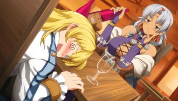 1boy 1girl @_@ bare_shoulders blonde_hair blue_eyes blush bottle braid braided_ponytail breasts cleavage_cutout clothing_cutout cup dark_skin dress drinking_glass drunk dutch_angle earrings eiyuu_densetsu facial_mark falcom forehead_mark game_cg hairband halterneck hand_on_own_face hoop_earrings jewelry large_breasts long_hair long_sleeves looking_at_another midriff multi-tied_hair nail_polish navel necklace official_art olivert_reise_arnor open_mouth parted_bangs ponytail scherazard_harvey shirt short_hair silver_hair smile sora_no_kiseki table unconscious wine_bottle wine_glass