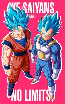 2boys absurdres armor art_jake blue_bodysuit blue_boots blue_eyes blue_hair blue_sash blue_shirt blue_wrist_cuffs bodysuit boots clenched_hands closed_mouth commentary dougi dragon_ball dragon_ball_super english_commentary english_text full_body gloves highres male_focus medium_hair multiple_boys muscular muscular_male orange_pants orange_shirt pants pink_background saiyan_armor sash shirt simple_background smirk son_goku spiked_hair standing super_saiyan super_saiyan_blue vegeta white_armor white_boots white_gloves wrist_cuffs