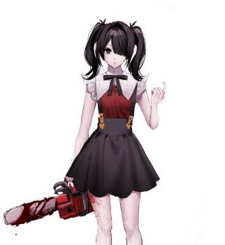 Rule 34 | 1girl, ame-chan (needy girl overdose), black eyes, black hair, blood, blood drip, blood on hands, blood on leg, blood splatter, bloody weapon, chainsaw, cowboy shot, diagonal bangs, expressionless, hair over one eye, head tilt, highres, holding, holding chainsaw, mlepq, neck ribbon, needy girl overdose, red shirt, ribbon, shirt, short twintails, sidelocks, skirt, solo, suspender skirt, suspenders, twintails, weapon, winged sleeves
