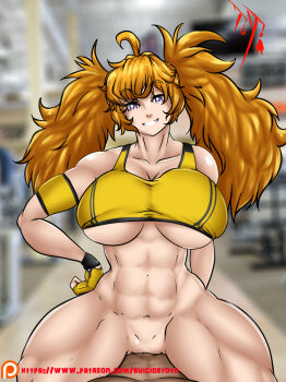 Rule 34 | 1girl, abs, alternate hairstyle, artist name, blonde hair, bottomless, breasts, cleavage, cowgirl position, fingerless gloves, girl on top, gloves, grin, highres, large breasts, legs, long hair, looking at viewer, navel, pov, purple eyes, pussy, rwby, seductive smile, smile, sports bra, straddling, suicidetoto, thick thighs, thighs, twintails, underboob, vaginal, yang xiao long