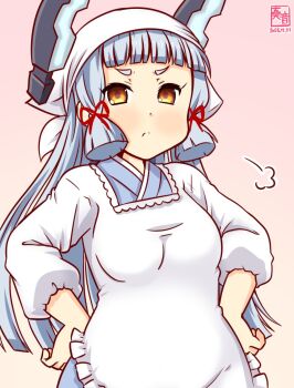 1girl alternate_costume apron artist_logo blue_kimono blush breasts commentary_request cowboy_shot dated grey_hair hair_ribbon headband japanese_clothes kanon_(kurogane_knights) kantai_collection kappougi kimono logo long_hair long_sleeves looking_at_viewer murakumo_(kancolle) one-hour_drawing_challenge ribbon solo