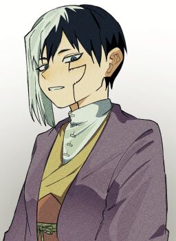 0a_9_(pixiv82791714) 1boy asagiri_gen asymmetrical_hair black_eyes black_hair cracked_skin dr._stone jacket japanese_clothes kimono long_sleeves looking_at_viewer male_focus multicolored_hair purple_jacket sash shirt short_hair solo split-color_hair two-tone_hair upper_body white_background white_hair white_shirt