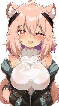 1girl absurdres ahoge animal_ear_fluff animal_ears arknights babalababa barcode barcode_tattoo bare_shoulders black_jacket blush bodysuit breasts bright_pupils commentary_request gravel_(arknights) happy highres huge_breasts jacket looking_at_viewer medium_hair off_shoulder one_eye_closed open_mouth partially_open_jacket pink_hair red_eyes simple_background sleeveless smile solo sweat tail tattoo upper_body white_background white_bodysuit