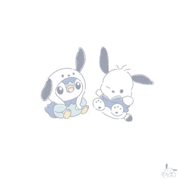 Rule 34 | animal focus, character hat, commentary request, crossover, full body, gen 4 pokemon, highres, mochimaro (infj oekaki), nintendo, no humans, one eye closed, open mouth, piplup, pochacco, pokemon, pokemon (creature), sanrio, shirt, signature, simple background, solid oval eyes, white background