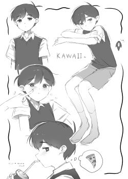 1boy 1other absurdres antenna_hair bright_pupils closed_mouth collared_shirt cup double-parted_bangs drinking_straw drinking_straw_in_mouth food hair_between_eyes hato_popo_37 highres holding holding_cup looking_at_viewer male_focus omori pepperoni pepperoni_pizza pizza pizza_slice shirt short_hair short_sleeves shorts something_(omori) speech_bubble spoken_food sunny_(omori) sweater_vest thought_bubble translation_request