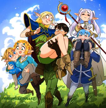 3boys 3girls :3 armor belt blonde_hair blue_eyes blue_jacket blue_sky boots breasts brown_belt brown_boots brown_gloves capelet carrying cloak closed_eyes closed_mouth cloud commentary crossover day deedlit dress ear_wiggle earrings elf english_commentary frieren gloves green_dress green_pants grey_hair head_between_thighs highres himmel_(sousou_no_frieren) holding holding_staff jacket jewelry large_breasts link long_sleeves looking_at_another looking_at_viewer mage_staff medium_breasts multiple_boys multiple_crossover multiple_girls nintendo open_mouth outdoors pants parn_(lodoss) patreon_username pointy_ears princess_carry princess_zelda record_of_lodoss_war role_reversal short_sleeves shoulder_carry sky snegovski sousou_no_frieren staff standing standing_on_one_leg the_legend_of_zelda the_legend_of_zelda:_tears_of_the_kingdom thick_eyebrows twintails white_capelet white_cloak white_pants