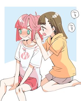 >:) 2girls :d ahoge alternate_color anyoji_hime anyoji_hime_(summer_loungewear) black_ribbon blue_background blue_eyes blunt_sidelocks blush border braid brown_hair center-flap_bangs collarbone commentary_request grey_shorts hair_ribbon highres hood hoodie invisible_chair kachimachi_kosuzu kachimachi_kosuzu_(summer_loungewear) kanduki_kamibukuro link!_like!_love_live! long_sleeves love_live! multi-tied_hair multiple_girls nose_blush open_mouth outside_border pink_shorts ribbon shirt short_shorts short_sleeves shorts side_braids sidelocks simple_background sitting smile t-shirt v-shaped_eyebrows virtual_youtuber wariza whispering whispering_in_ear white_border white_shirt yellow_hoodie yuri