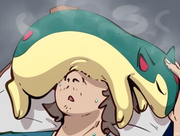 1boy brown_hair fizzpop gen_2_pokemon green_fur nintendo open_clothes open_mouth pokemon pokemon_(creature) quilava short_hair sleeping two-tone_fur yellow_fur