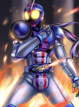 1boy bodysuit compound_eyes cowboy_shot drive_saga:_kamen_rider_mach grey_bodysuit kamen_rider kamen_rider_drive_(series) kamen_rider_mach kamen_rider_mach_chaser mach_driver_honoh male_focus multicolored_armor nishida_megane open_hand orange_eyes rider_belt scarf shift_car shift_ride_crosser sparks standing