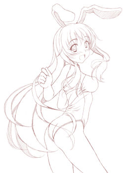 1girl animal_ears ass breasts female_focus lineart long_hair looking_back monochrome playboy_bunny rabbit_ears reisen_udongein_inaba simple_background sin-go solo touhou very_long_hair white_background