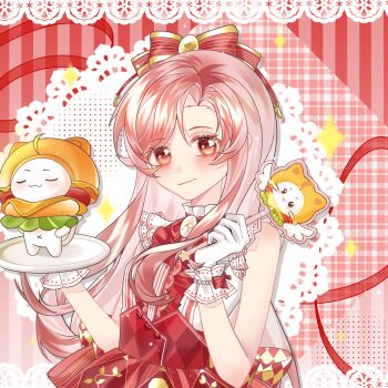 1girl animal argyle_bow argyle_clothes argyle_skirt back_bow bare_shoulders bead_bracelet beads border bow bowtie bracelet brooch brown_cloak brown_eyes burger burger_costume cat center_frills chinese_commentary cloak closed_eyes closed_mouth clothed_animal commentary_request cowboy_shot dot_nose ear_covers eyelashes floral_memory_(infinity_nikki) food food-themed_clothes frilled_shirt frilled_wrist_cuffs frills gloves hair_bow hands_on_own_hips happy high-waist_skirt highres holding holding_pen holding_plate hood hood_up hooded_cloak infinity_nikki jewelry kfc lace lace_border letterboxed light_blush long_hair long_sidelocks momo_(nikki) navel nikki_(nikki) nikki_(series) ornate_border outline outside_border pen pink_hair pink_outline plaid_background plate pleated_skirt red_background red_bow red_bowtie red_ribbon red_skirt ribbon ribbon-trimmed_shirt ribbon-trimmed_wrist_cuffs ribbon_trim shirt sidelocks skirt sleeveless sleeveless_shirt smile sparkle striped_background striped_bow striped_clothes striped_shirt striped_skirt two-tone_bow vertical-striped_background vertical-striped_clothes vertical-striped_shirt vertical-striped_skirt very_long_hair wavy_hair white_border white_cat white_gloves white_shirt white_wrist_cuffs wrist_bow wrist_cuffs xinjinjumin119452239806 yellow_bow