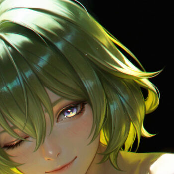 1girl black_background blue_eyes closed_mouth commentary genshin_impact green_hair hair_between_eyes looking_at_viewer medium_hair one_eye_closed portrait simple_background smile solo tholindis_(genshin_impact) wo_jiushi_kanbudong