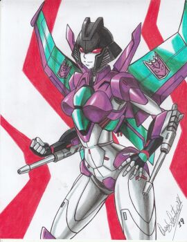 1girl airplane_wing breasts colored_skin crotch_plate curvy decepticon grey_skin helmet highres humanoid_robot insignia mechanical_wings medium_breasts ravernclouk_design red_eyes robot robot_girl simple_background slipstream_(transformers) solo transformers wings