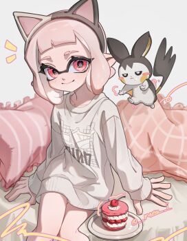 1girl absurdres animal_ear_hairband animal_ears cake cat_ear_hairband cat_ears cherry chu_u0spl closed_mouth crossover emolga eyebrow_cut fake_animal_ears food food_on_face fruit gen_5_pokemon hairband highres inkling inkling_girl inkling_player_character long_sleeves looking_at_viewer medium_hair nintendo pink_eyes pink_hair pointy_ears pokemon pokemon_(creature) sitting smile splatoon_(series) sweater tentacle_hair white_sweater