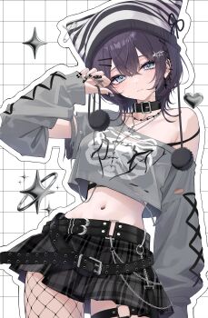 1girl absurdres animal_ears asymmetrical_shirt bare_shoulders beanie belt black_choker black_hair black_skirt blue_eyes breasts choker closed_mouth commentary_request cowboy_shot crop_top crop_top_overhang detached_sleeves fake_animal_ears fishnet_pantyhose fishnets grey_shirt hat highres long_sleeves looking_at_viewer medium_breasts medium_hair midriff miniskirt mirea nail_art navel off_shoulder original pantyhose plaid_clothes plaid_skirt pleated_skirt shirt single_bare_shoulder single_detached_sleeve skirt solo stomach striped_hat thigh_strap