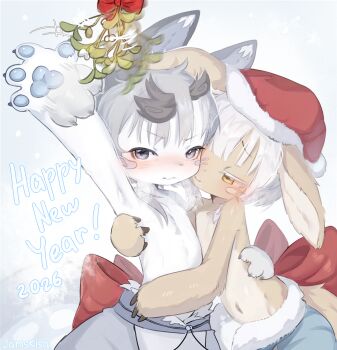 2026 2others animal_ears artist_name blush brown_fur closed_mouth commentary english_commentary fur-trimmed_headwear fur_trim furry furry_with_furry grey_hair happy_new_year hat highres kisahuiisa made_in_abyss merry_christmas mistletoe multiple_others nanachi_(made_in_abyss) narehate new_year original red_hat santa_hat thick_eyebrows topless_other v-shaped_eyebrows whiskers white_fur white_hair yellow_eyes