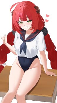 1girl 4kebidayo absurdres alternate_costume arm_support black_neckerchief black_one-piece_swimsuit black_sailor_collar blush braid commentary_request covered_navel desk fingernails green_eyes grin hair_ornament highres long_hair looking_at_viewer low_twin_braids nail_polish neckerchief on_desk one-piece_swimsuit red_hair sailor_collar school_desk school_swimsuit school_uniform serafuku shirt short_sleeves simple_background sitting smile solo sphere_hair_ornament swimsuit thighs twin_braids ukinami_yuzuha white_background white_nails white_shirt zenless_zone_zero