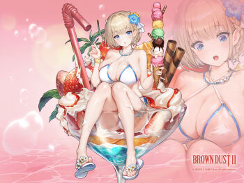 1girl :o ass bikini blonde_hair blue_eyes bob_cut breasts brown_dust_(series) brown_dust_2 cherry cleavage commentary_request drinking_straw flower food fruit hair_flower hair_ornament highres holding holding_food holding_ice_cream horns ice_cream ice_cream_cone justia_(brown_dust) justia_(hot_summer_dream)_(brown_dust) large_breasts logo looking_at_viewer multiple_views official_alternate_costume official_art oversized_food oversized_object parfait sandals sitting_on_food solo strawberry swimsuit wet white_bikini white_sandals