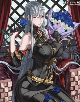 1girl bare_shoulders bouquet breasts flower gloves grey_hair holding holding_bouquet holding_flower honjou_raita large_breasts long_hair military military_uniform official_art open_mouth pale_skin red_eyes selvaria_bles senjou_no_valkyria_(series) solo very_long_hair weapon