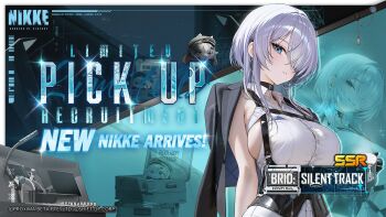 1girl artist_request blue_eyes breasts brid_(nikke) collared_shirt commentary english_commentary goddess_of_victory:_nikke hair_over_one_eye highres jacket jacket_on_shoulders large_breasts official_art shirt white_hair zoom_layer