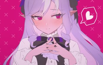 1girl 7neet black_nails blush closed_mouth commentary facing_viewer heart long_hair long_sleeves looking_to_the_side mole mole_under_eye own_hands_together pink_background pointy_ears purple_eyes purple_hair shirt solo spoken_heart upper_body vivian_banshee white_shirt zenless_zone_zero