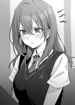 Rule 34 | 1girl, :t, blush, breasts, closed mouth, collared shirt, commentary request, crossed bangs, diagonal-striped clothes, diagonal-striped necktie, double-parted bangs, frown, greyscale, hair between eyes, indoors, kohinata iroha (imouuzai), long hair, monochrome, necktie, novel illustration, official art, pout, school uniform, second-party source, shirt, short sleeves, sitting, solo, striped clothes, sweater vest, tears, tomari (veryberry00), tomodachi no imouto ga ore ni dake uzai, wing collar