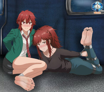 2girls aizawa_akemi aizawa_tomo barefoot bdsm blush bondage bound breasts feet hogtie jetga large_breasts long_hair mother_and_daughter multiple_girls red_eyes red_hair school_uniform short_hair soles tomo-chan_wa_onna_no_ko