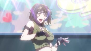 3girls animated audible_speech blue_hair bouncing_breasts breasts brown_hair collarbone dancing idol japanese_audio large_breasts long_hair midriff multiple_girls music navel ponytail short_hair singing tagme toujima_tanzaburou_wa_kamen_rider_ni_naritai video