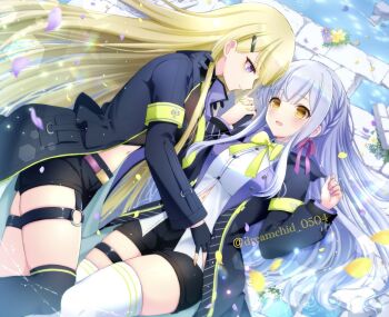 2girls armband assault_lily belt belt_buckle black_jacket black_shorts black_thighhighs blunt_bangs bow bowtie braid breasts brown_shirt buckle buttons closed_mouth commentary_request crop_top day falling_petals fingernails grey_hair hair_behind_ear hair_ornament hair_ribbon hair_spread_out hairclip hand_on_another&#039;s_hip hands_up holding_hands hood hood_down hooded_jacket interlocked_fingers jacket knee_up kon_kanaho large_breasts lens_flare light_particles long_hair long_sleeves looking_at_another lying medium_breasts midriff miyagawa_takane mizuha_(dreamchild_0504) multiple_girls nail_polish navel navel_peek necktie o-ring o-ring_thigh_strap official_alternate_costume on_back on_side open_clothes open_jacket outdoors parted_lips petals pink_belt pink_ribbon profile purple_eyes purple_hair purple_nails ribbon rubble shirt shorts side-by-side side_braid sidelocks smile thigh_strap thighhighs twitter_username very_long_hair water white_shirt white_thighhighs yellow_armband yellow_bow yellow_bowtie yellow_eyes yellow_nails yellow_necktie yuri