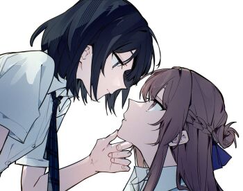 2girls black_eyes black_hair braid brown_hair closed_mouth collared_shirt eye_contact half_up_braid hand_on_another&#039;s_chin kaeshi_(yuukaeshi) long_hair looking_at_another medium_hair miyagi_shiori multiple_girls necktie parted_lips purple_eyes school_uniform sendai_hazuki shirt short_sleeves shuuniichido_classmate_wo_kau_hanashi simple_background white_background white_shirt yuri
